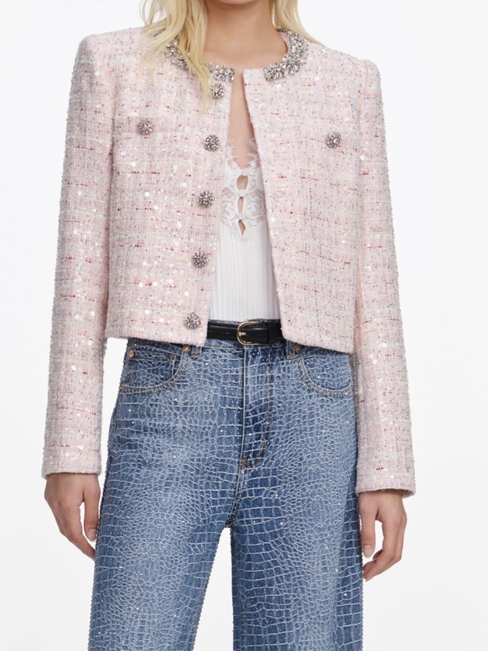 Self-Portrait Pink Sequin Boucle Jacket Elegant Collarless Blazer 4